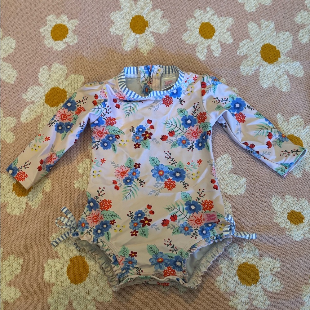 Ruffle Butts Floral Long Sleeve Swimsuit with Seersucker details